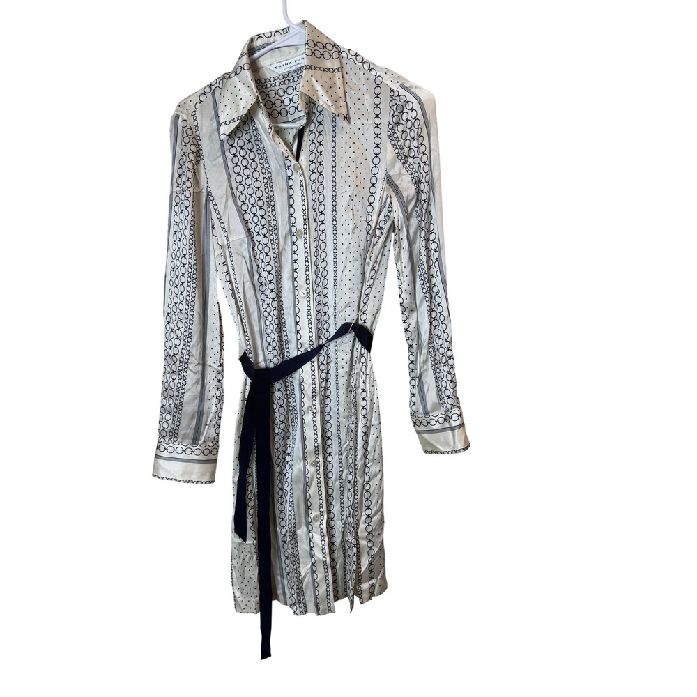 Trina Turk Dress Womens 2 White Navy Belted Shirt Dress Geometric Print Tie Belt
